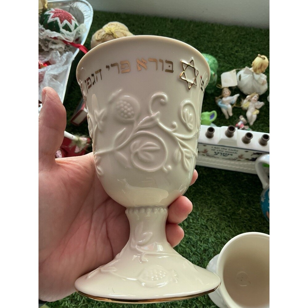 Lenox Judaic Blessings Sabbath Kiddush Cup Goblet Ivory Gold EC HTF